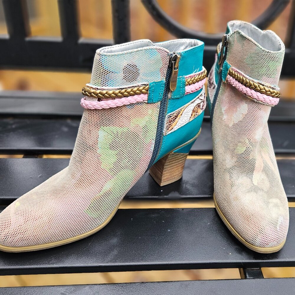 Spring Step by L'artiste | Turquois and Pink netted flowered ankle boot - Sz 7 - Picture 4 of 8